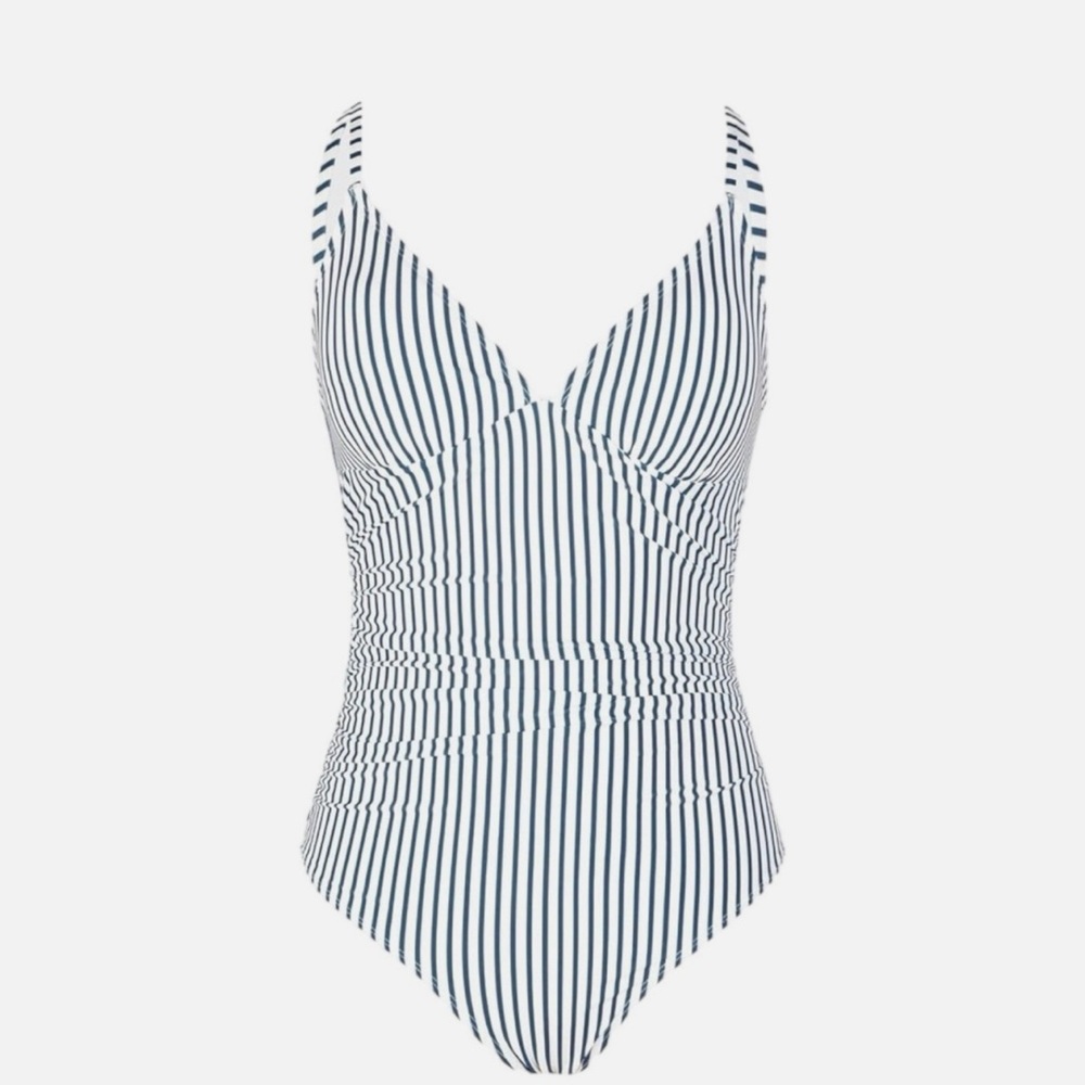 Navy Blue Nautical Striped Print Tummy Control One Piece Swimsuit - Picture 4 of 9